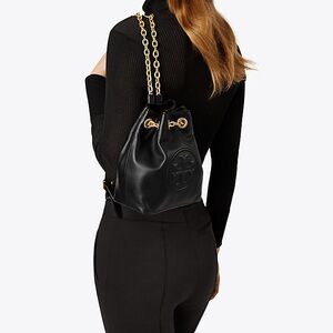 Tory Burch Black Leather Drawstring Bucket Bag with Gold Chain